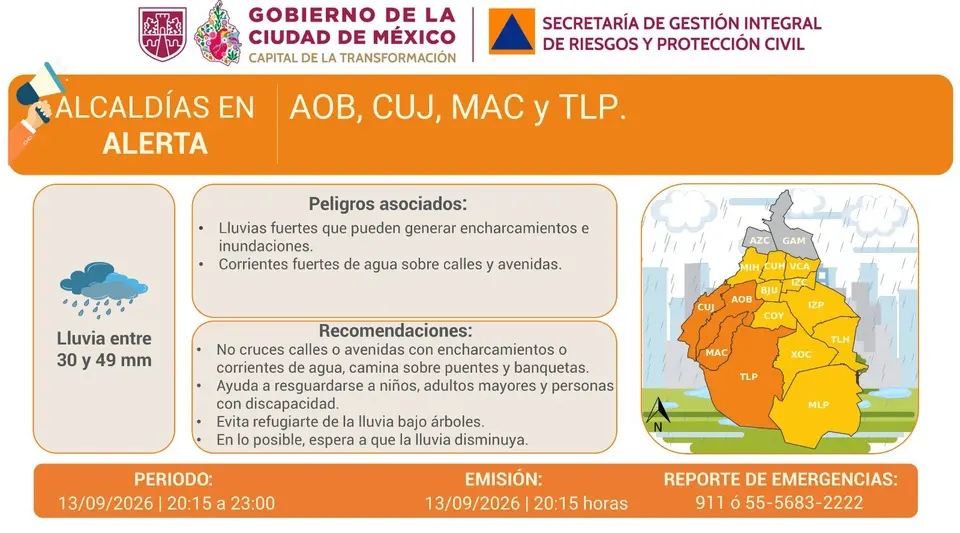 Cuajimalpa y Tlalpan registrarán mínimas de 8 grados durante las primeras horas del lunes./ X: @SGIRPC_CDMX