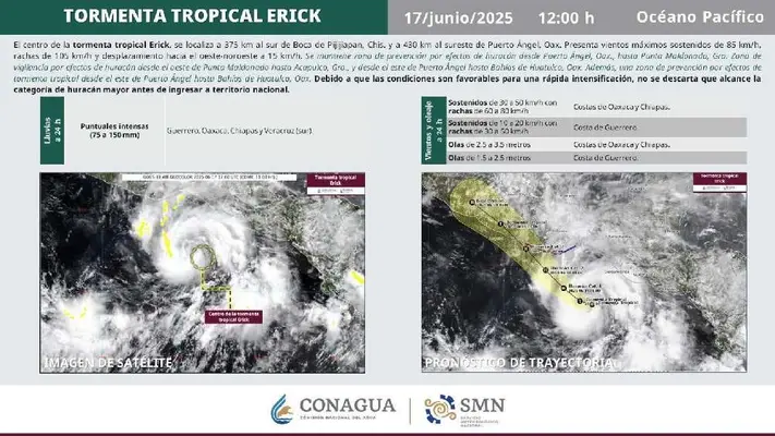 Erick será huracán categoría 2 y tocará tierra entre Oaxaca y Guerrero este jueves