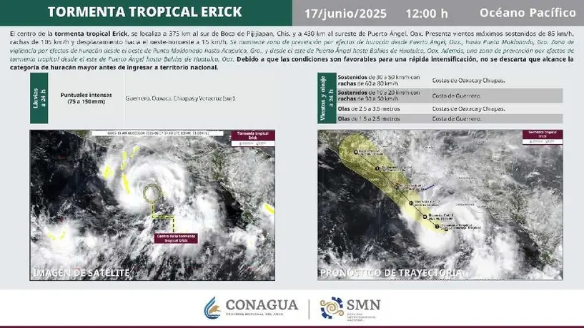 Erick será huracán categoría 2 y tocará tierra entre Oaxaca y Guerrero este jueves