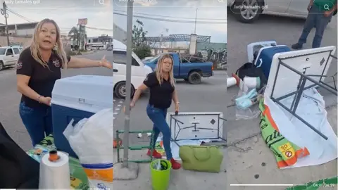 VIDEO Lady Tamales desata su furia: tira puesto por no poder salir de cajón de estacionamiento