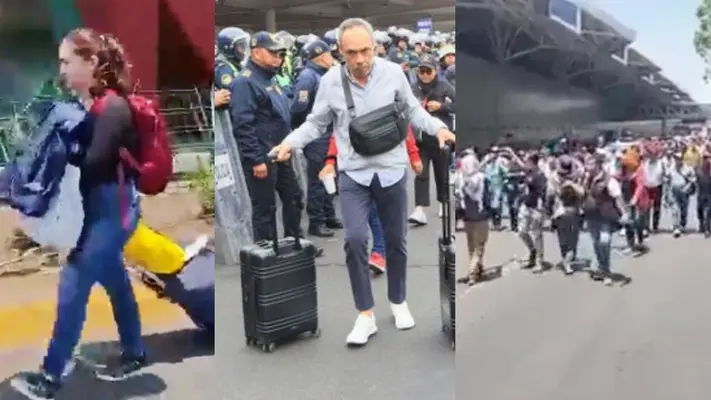 VIDEO: Viajeros caminan con maletas en mano al AICM ante bloqueo de la CNTE