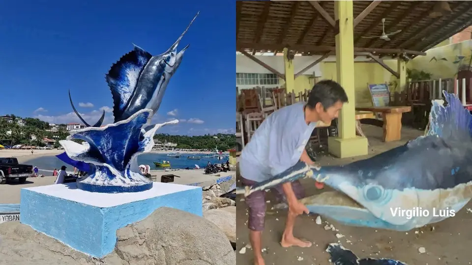 VIDEO: Huracán Erick derriba emblemático monumento de Puerto Escondido… ¡pero ciudadano lo recupera!