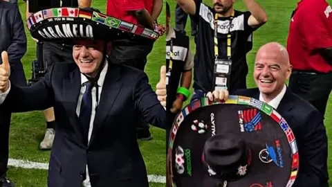 Gianni Infantino sorprende al usar el sombrero de Caramelo, el famoso aficionado de México