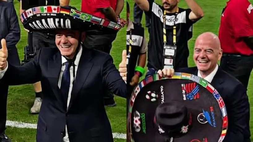 Gianni Infantino sorprende al usar el sombrero de Caramelo, el famoso aficionado de México