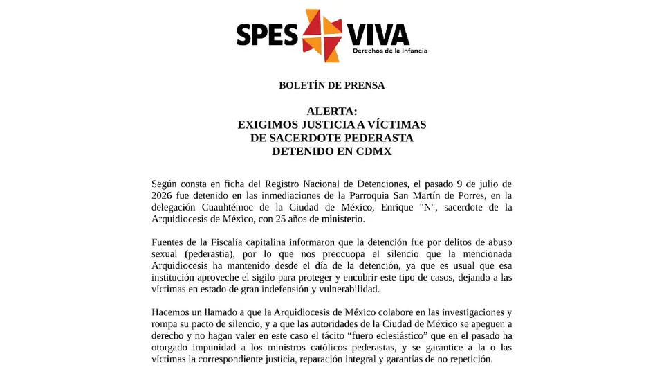 La organización Spes Viva criticó a la Iglesia por no actuar a tiempo tras la denuncia presentada / Especial