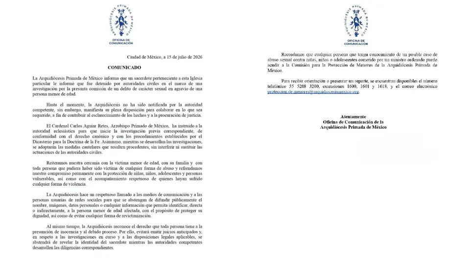 La Arquidiócesis Primada de México asegura que ayudará con las investigaciones / Especial