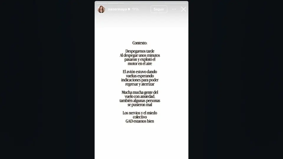 Maya Nazor vivió momentos de angustia durante un vuelo./@mayanazor