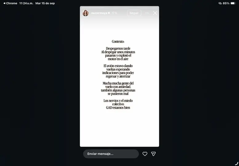 Maya Nazor vivió momentos de angustia durante un vuelo./@mayanazor