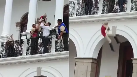 VIDEO: Niño salta desde un balcón envuelto en bandera de México para recrear a Juan Escutia