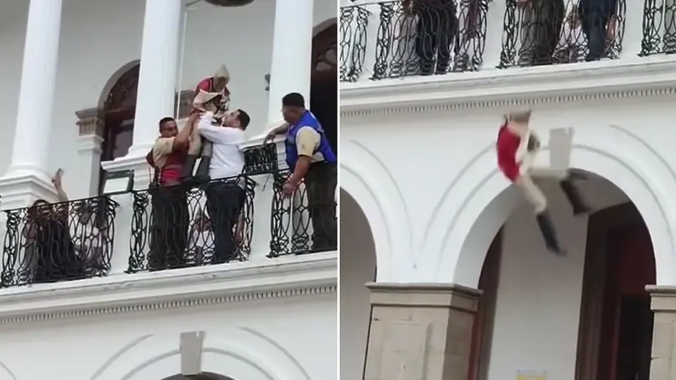 VIDEO: Niño salta desde un balcón envuelto en bandera de México para recrear a Juan Escutia