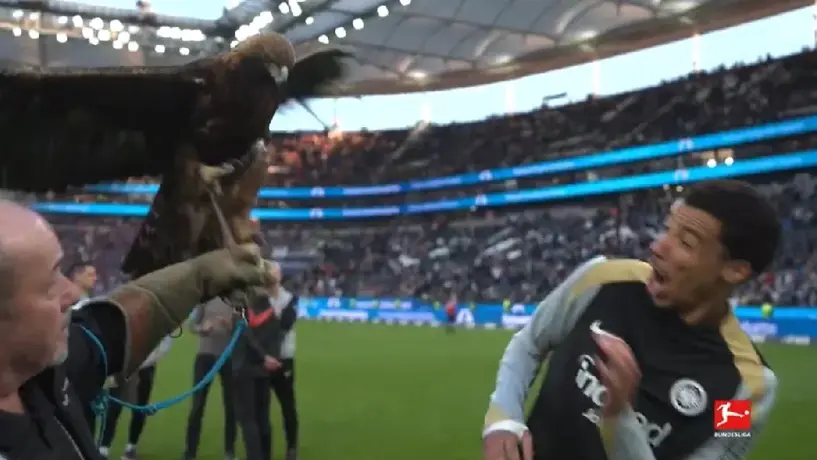 Hugo Ekitike, jugador del Frankfurt, es aterrorizado por mascota del equipo