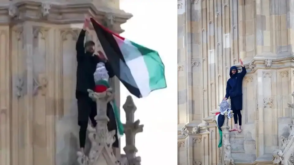 Hombre escala el Big Ben en Londres con bandera palestina