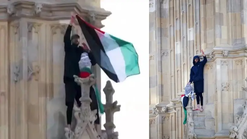Hombre escala el Big Ben en Londres con bandera palestina