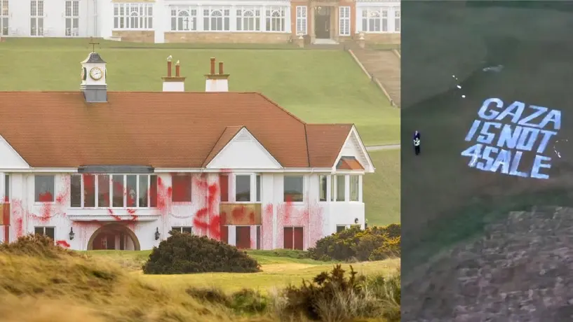 Vandalizan campo de golf de Donald Trump en Escocia: “Gaza no está a la venta”