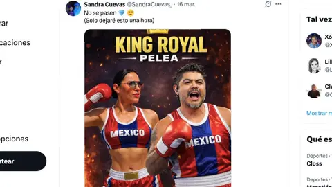 Sandra Cuevas compartió en X este cartel ficticio donde aparece enfrentando al periodista Carlos “C4” Jiménez tras el evento Ring Royale./ @SandraCuevas_