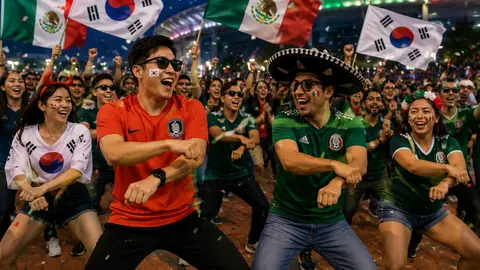 La afición surcoreana ha participado en celebraciones junto a seguidores mexicanos en distintos puntos de la ciudad sede del Mundial./ IA