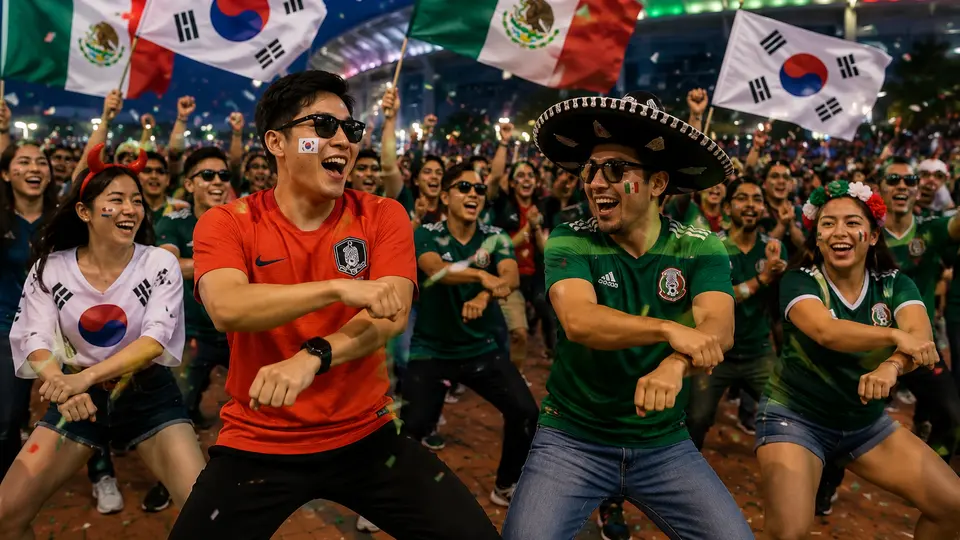 La afición surcoreana ha participado en celebraciones junto a seguidores mexicanos en distintos puntos de la ciudad sede del Mundial./ IA