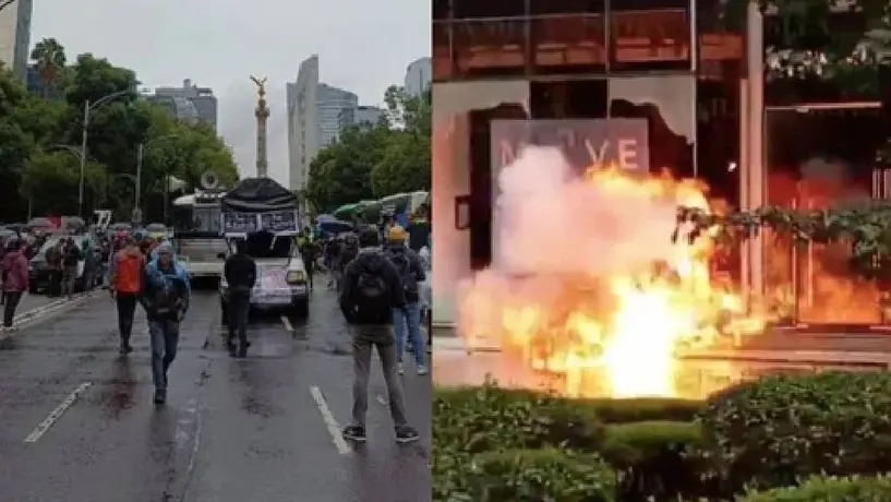 Marcha 10 años Ayotzinapa: Encapuchados hacen destrozos en establecimientos