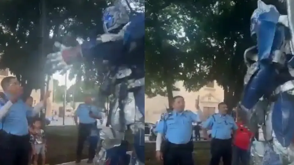 Captan en video a policía de Mérida se enfrenta a Optimus Prime y se hace viral