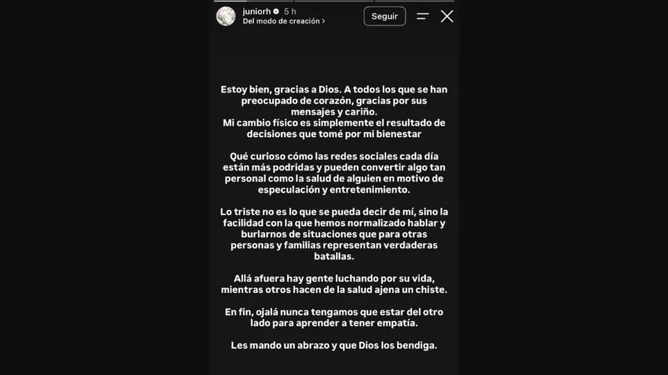 El mensaje de Junior H en sus redes sociales. / @juniorh