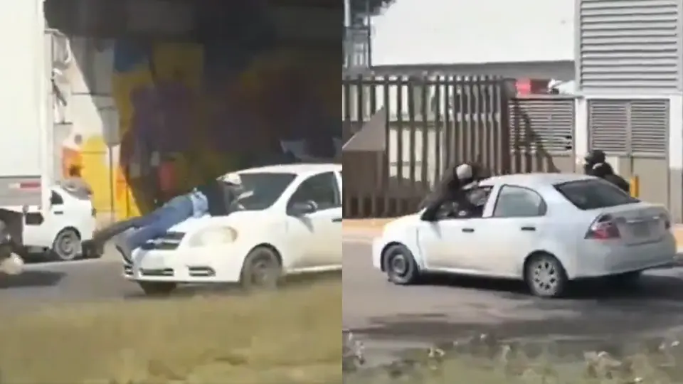VIDEO: Hombre se aferra al cofre de un auto y mujer se lo lleva en la México-Querétaro