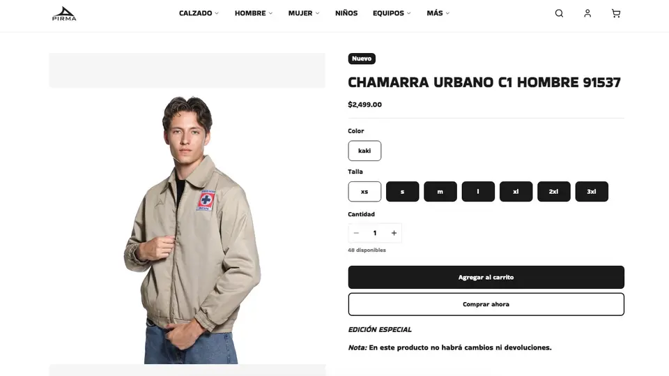 Página de compra de la chamarra de hombre del Cruz Azul | Captura de pantalla