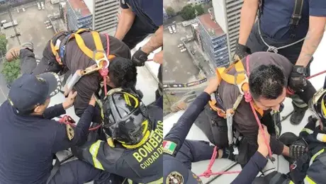 Trabajador queda suspendido en el piso 34 del Hotel St. Regis en Paseo de la Reforma y es rescatado
