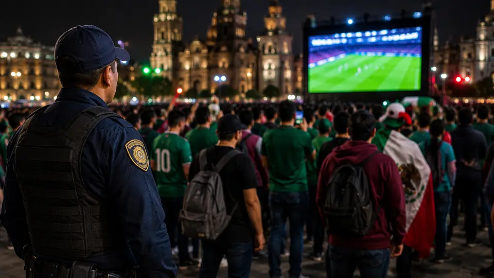 Elementos de la SSC fueron desplegados en el Zócalo para inhibir delitos durante las concentraciones por el Mundial./ IA