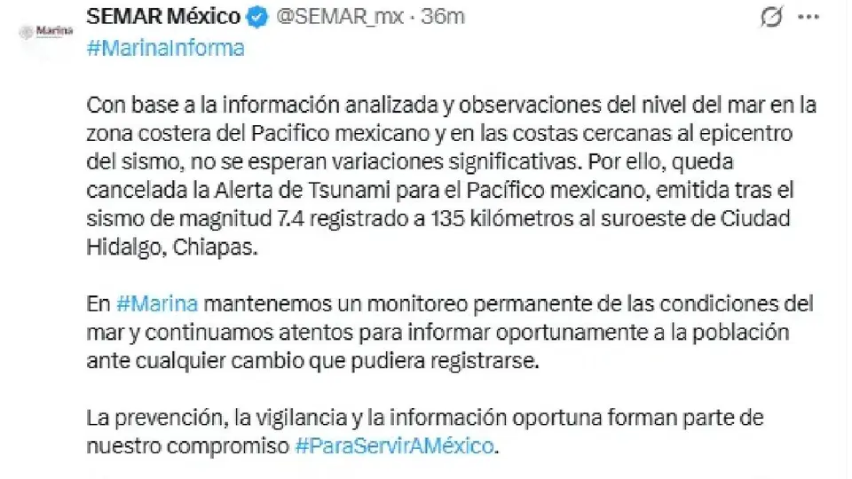 SEMAR descarta un tsunami tras los sismos registrados. enla zona sureste del país / @SEMAR