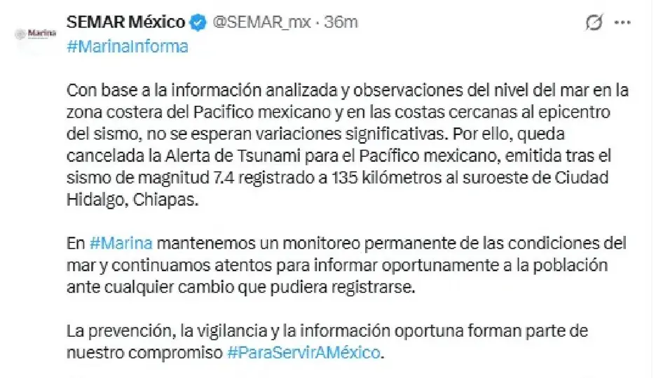 SEMAR descarta un tsunami tras los sismos registrados. enla zona sureste del país / @SEMAR