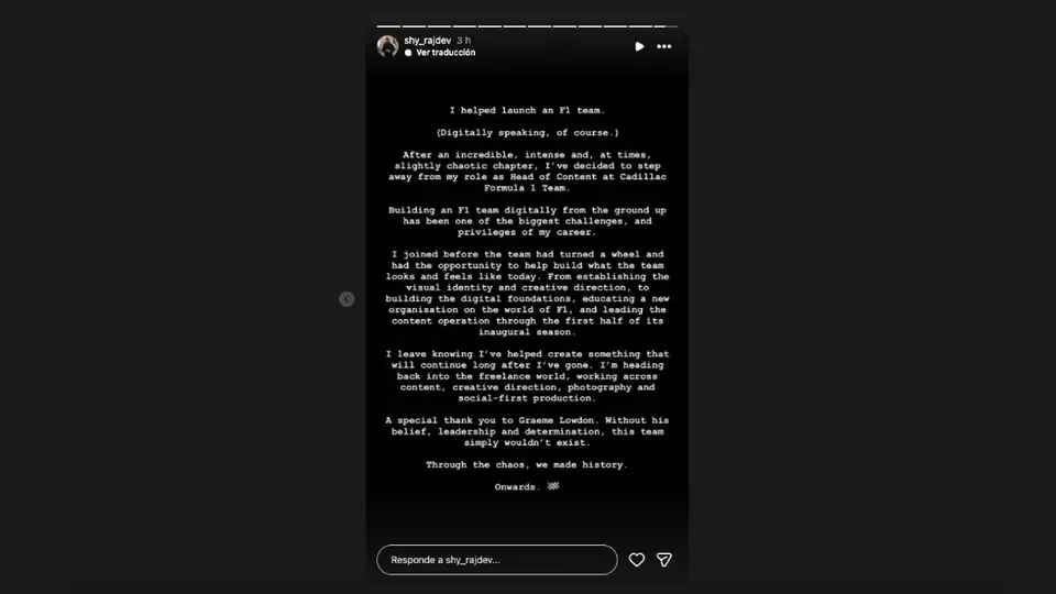 Así fue el mensaje de Shy Rajdev para confirmar su salida de Cadillac |CAPTURA DE PANTALLA