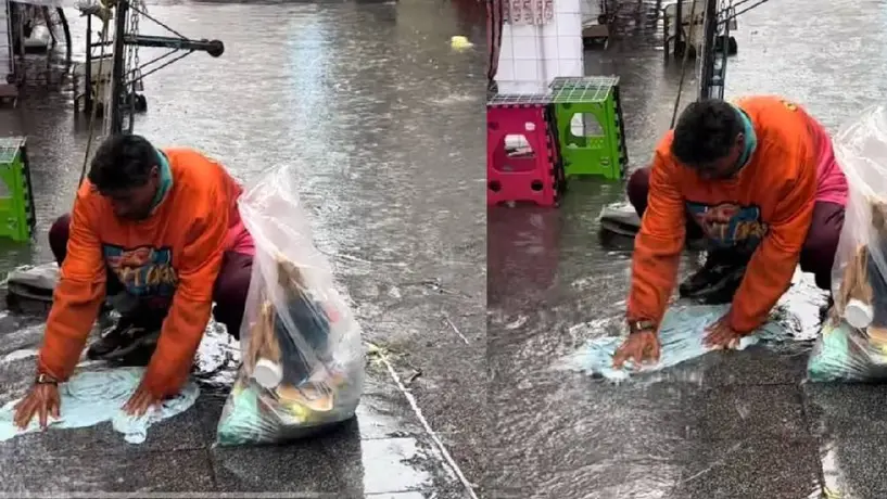 ¡Increíble! Captan a un hombre lavando su ropa con agua de lluvia en la CDMX