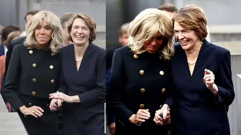 Primeras damas de Francia y Alemania se ríen mientras caminan en el monumento del Holocausto