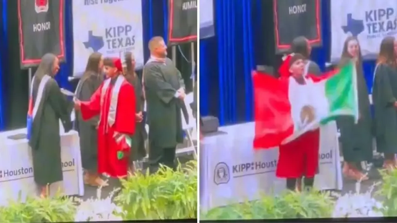 Joven ondea la bandera de México en su graduación en EU