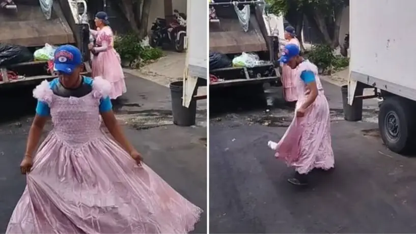 VIDEO: Trabajadores de limpieza salen a trabajar usando vestidos rosas y se viralizan