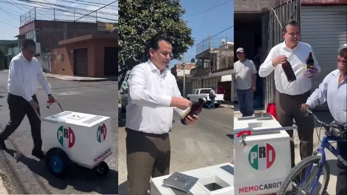 VIDEO: Dirigente priista regala caguamas a la gente; divide opiniones