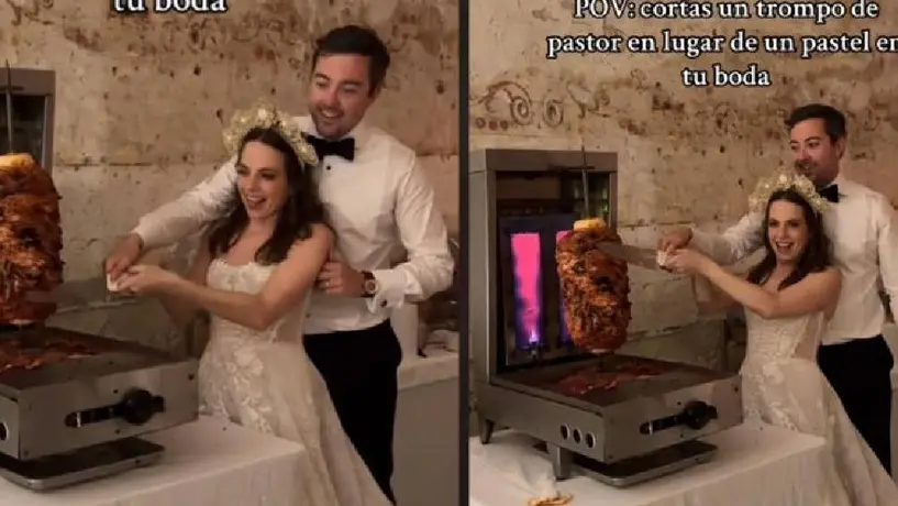 En su boda, una pareja recién casada decidió cortar un trompo al pastor en lugar de un pastel