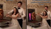 En su boda, una pareja recién casada decidió cortar un trompo al pastor en lugar de un pastel