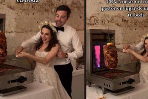 En su boda, una pareja recién casada decidió cortar un trompo al pastor en lugar de un pastel
