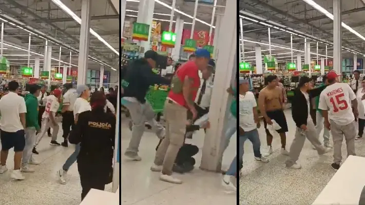VIDEO: Presuntos farderos golpean a policía y guardias de un Aurrera