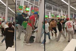 VIDEO: Presuntos farderos golpean a policía y guardias de un Aurrera