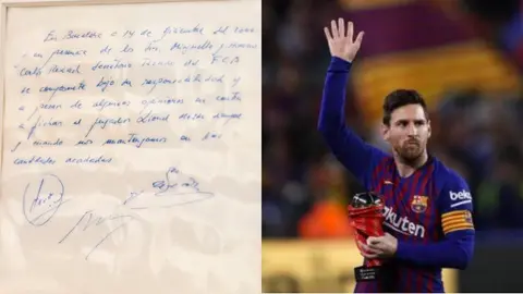 Subastan servilleta que llevó a Messi al Barcelona a los 13 años en 965 mil dólares