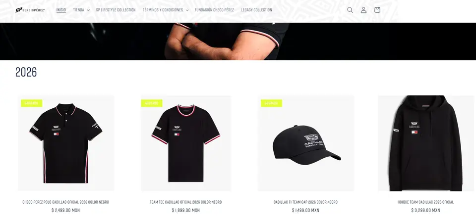 El sitio presenta que los principales productos del piloto mexicano están agotados | CAPTURA DE PANTALLA