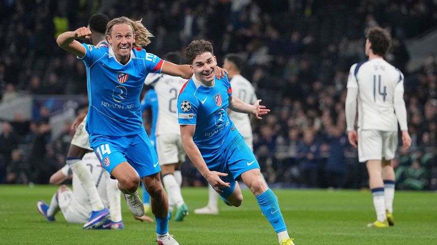 Julián Álvarez en celebración por su gol en el partido de Atlético de Madrid contra Tottenham | AP
