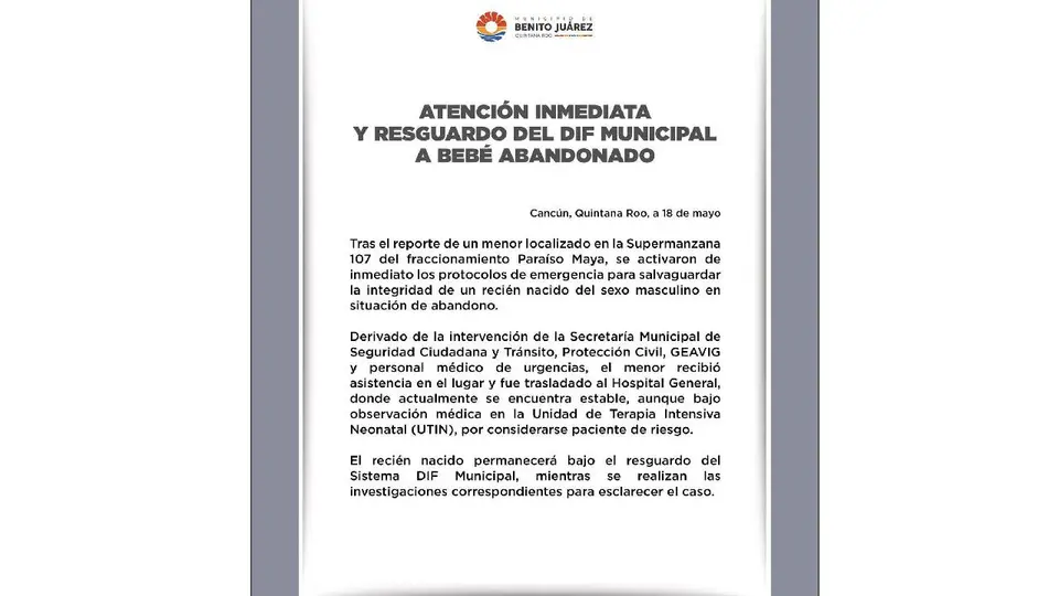 El Sistema DIF Municipal de Benito Juárez tomó el resguardo legal del menor./ DIF