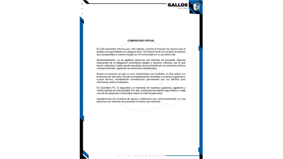 Comunicado de Querétaro | X: @GallosFemenil