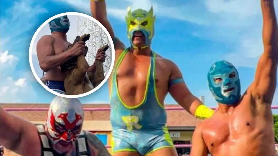 ¡El verdadero campeón! Perro se roba función de lucha libre callejera y termina arriba del ring