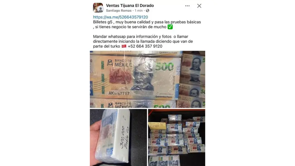 Los estafadores ofrecen en internet supuestos billetes falsos de “alta calidad” para engañar a posibles compradores / Redes Sociales
