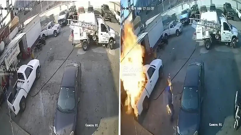 Camioneta explota al abastecerle gas LP; quema a trabajadores: VIDEO