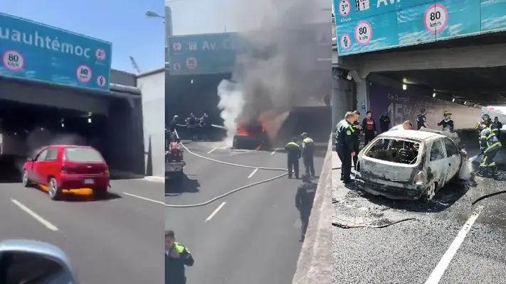En plena Alerta Naranja en la CDMX, arde auto en carriles de Viaducto
